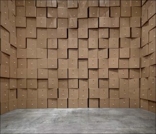 658 prepared dc-motors, cotton balls, cardboard boxes 70x70x70cm, installation, Zimoun