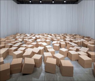 255 prepared ac-motors, rope, cardboard boxes 30x30x30 cm, installation, Zimoun