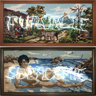 Furoncle et Septicémie, Canevas encadré et néon, Claude Lévêque