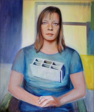 Virginie avec le tee-shirt parpaing, peinture, Géraldine Michel
