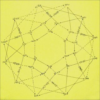 The 24 permutations of 1,2,3,4 permuted by (1234) with solid lines and by (1342) with doted lines, dessin, Tom Johnson