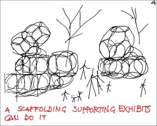 A scaffholding supporting exhibits can do it, dessin, Yona Friedman