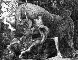 Femme à la bougie, combat entre le taureau et le cheval, dessin, Pablo Picasso