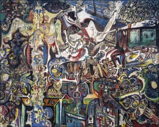 Enrico Baj, Roberto Crippa, Gianni Dova, Erró, Jean-Jacques Lebel et Antonio Recalcati, Grand tableau antifasciste collectif, 1960.