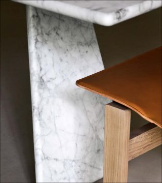 Angelo Mangiarotti, table Asolo, chaise Tre 3, 1981 (table) et 1978 (chaise), rééditées en 2018