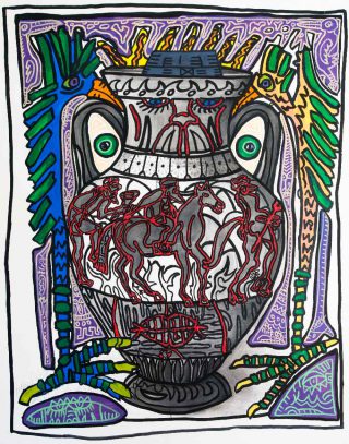 Robert Combas, Portrait de Jean-Luc Parant en cocotte-minute qui va exploser d’une minute à l’autre ! Il peint, mais il brûle, 2019.